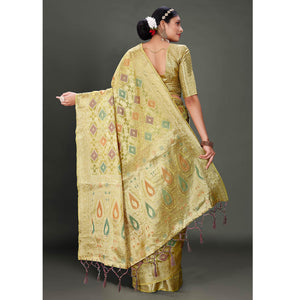 Lemon Green Woven Organza Saree With Tassels