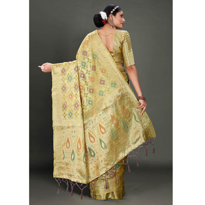 Lemon Green Woven Organza Saree With Tassels