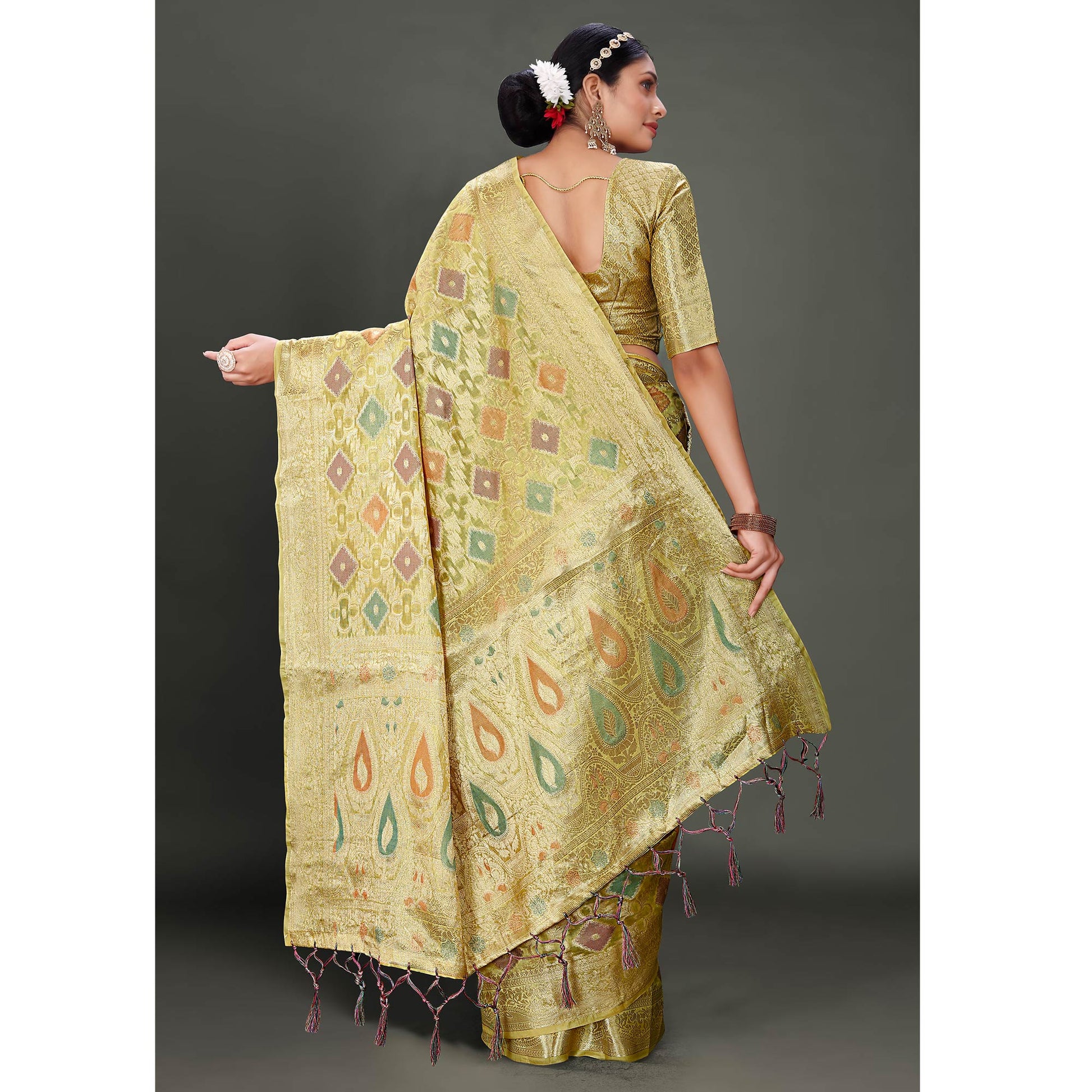 Lemon Green Woven Organza Saree With Tassels