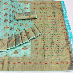 Blue Woven Cotton Blend Saree With Tassels