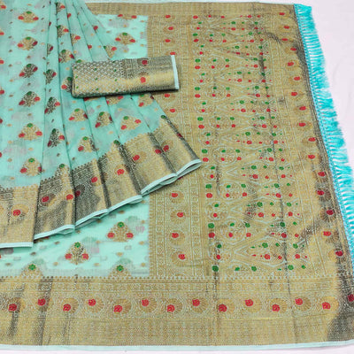 Blue Woven Cotton Blend Saree With Tassels