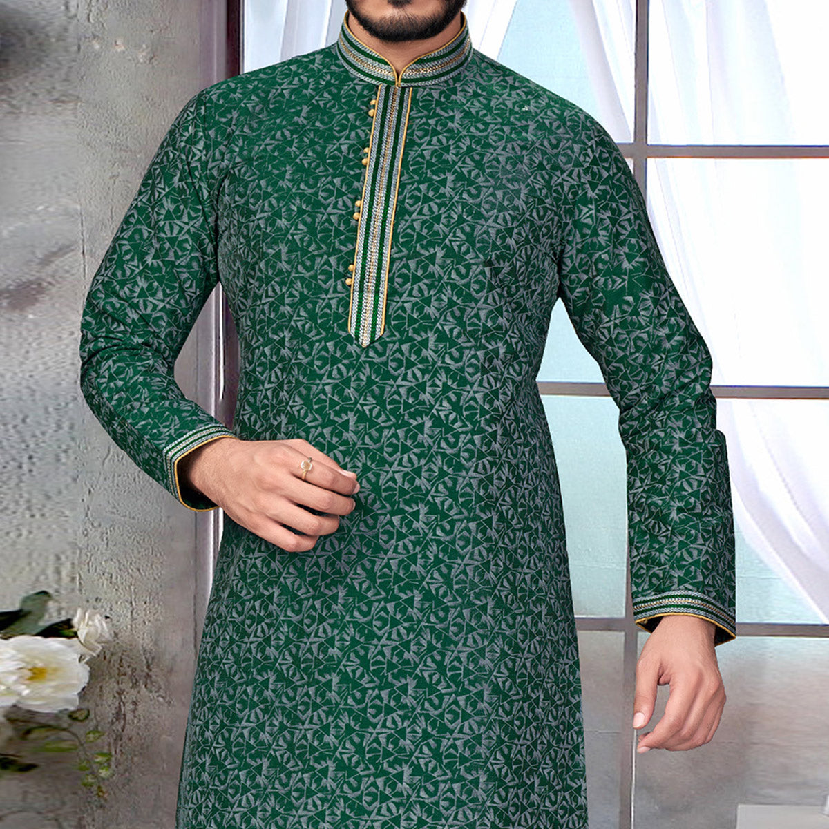 green-printed-jacquard-kurta-pyjama-set