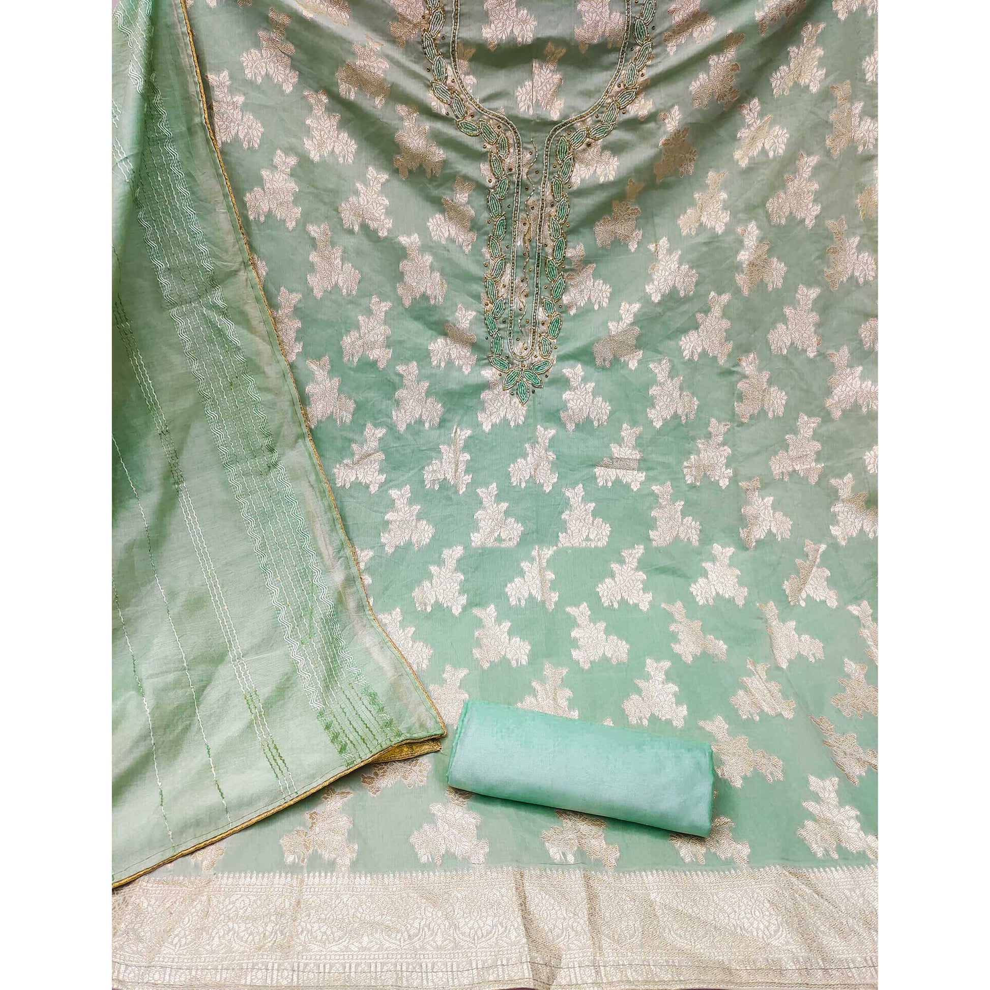 green-woven-with-handwork-banarasi-silk-dress-material