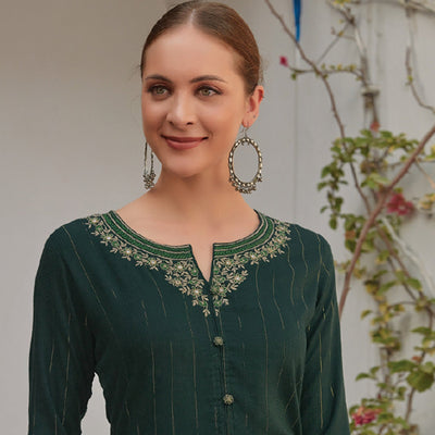 Dark Green Floral Embroidered Cotton Blend Kurti