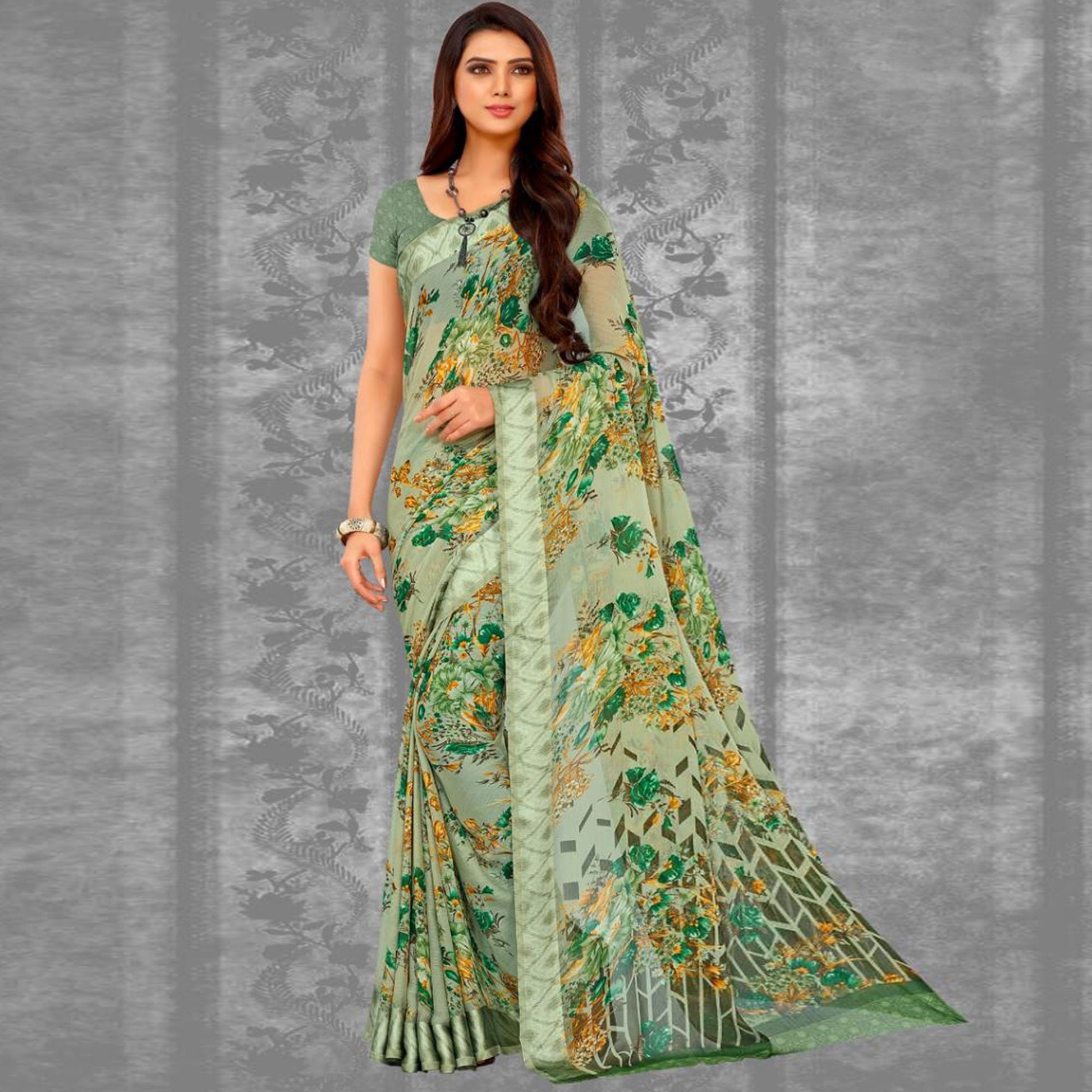 green-floral-printed-chiffon-saree-2
