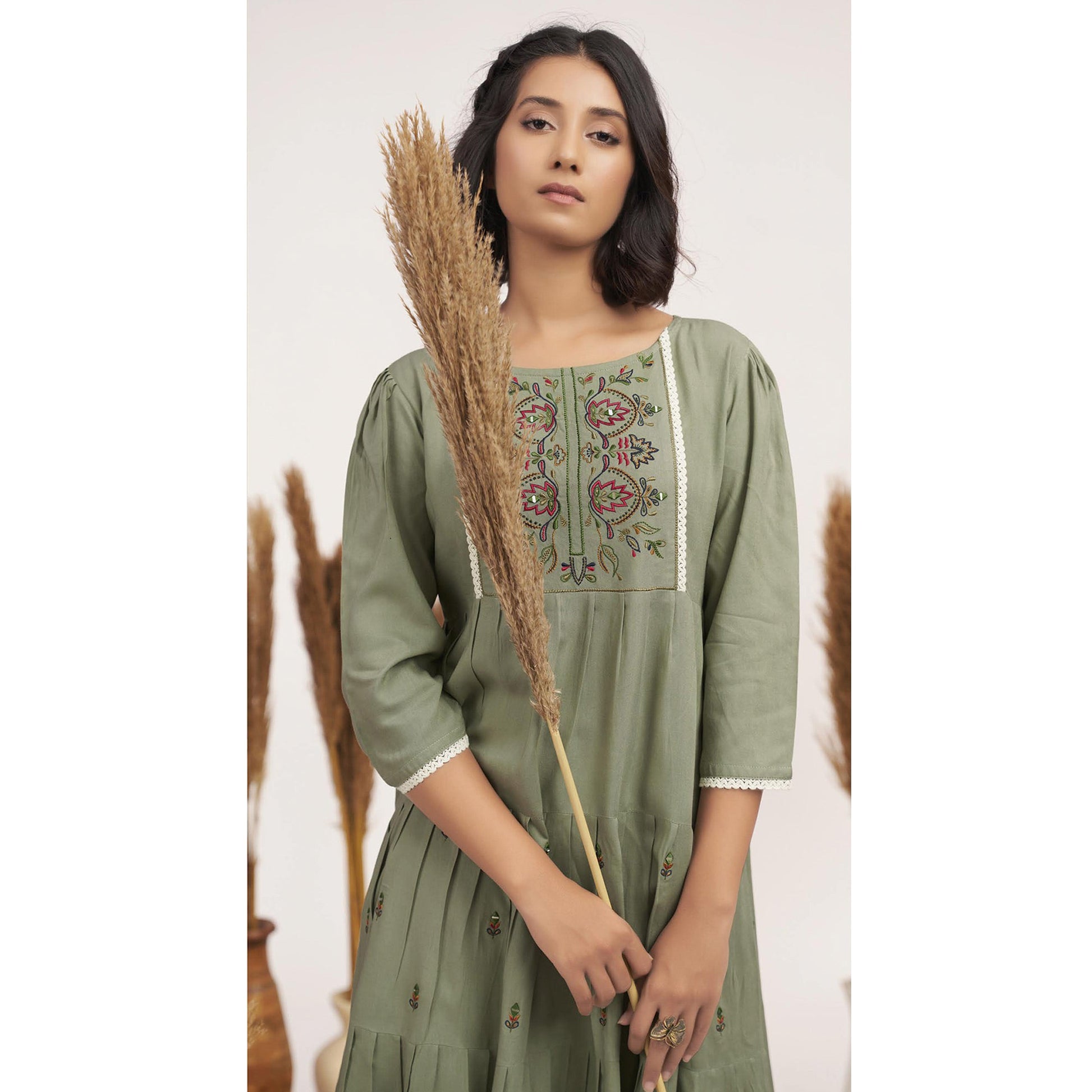 green-floral-embroidered-rayon-short-dress