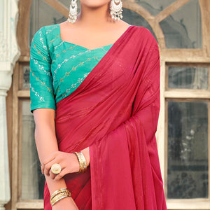 Dark Pink Printed Georgette Saree With Tassels