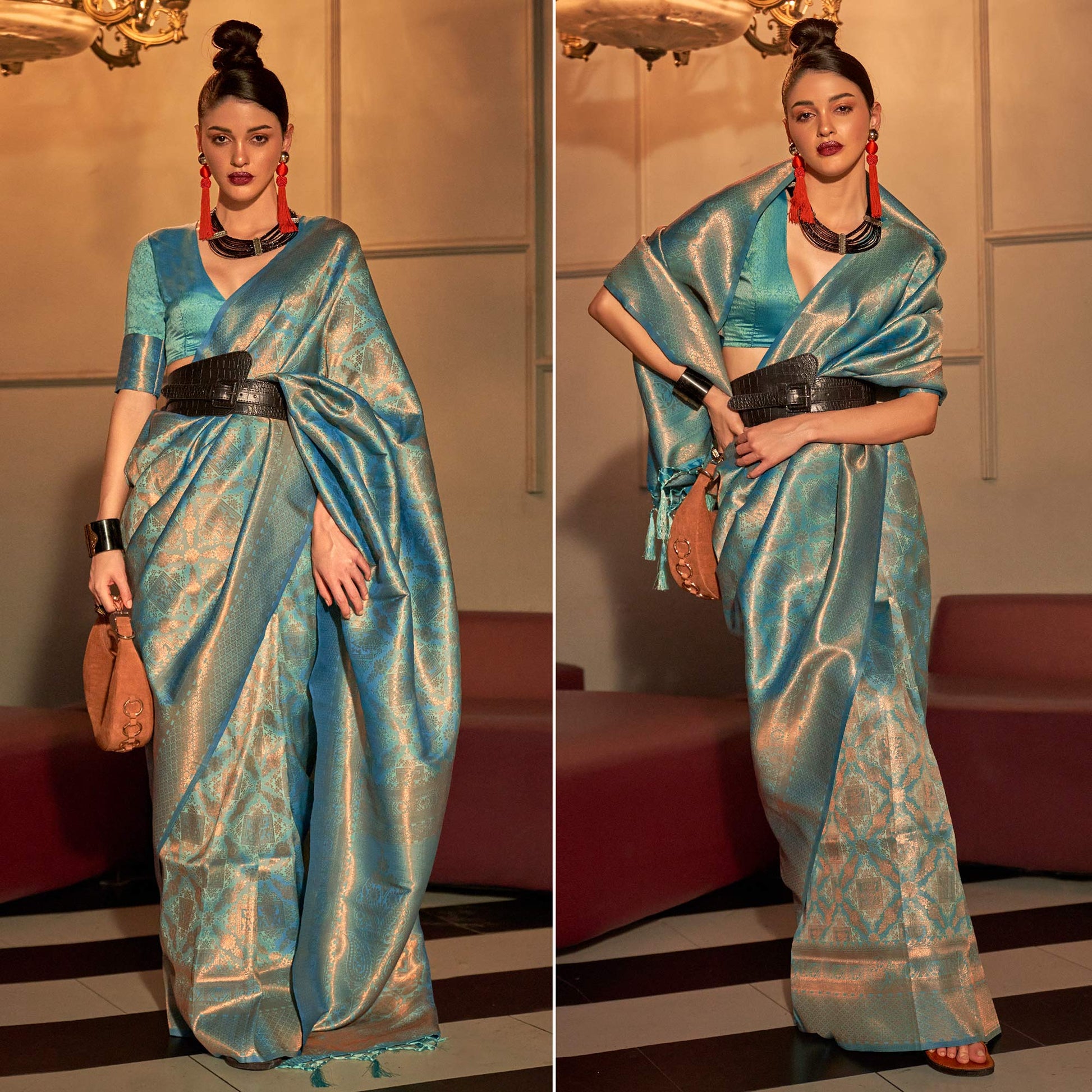 Blue Woven Art Silk Saree With Tassels