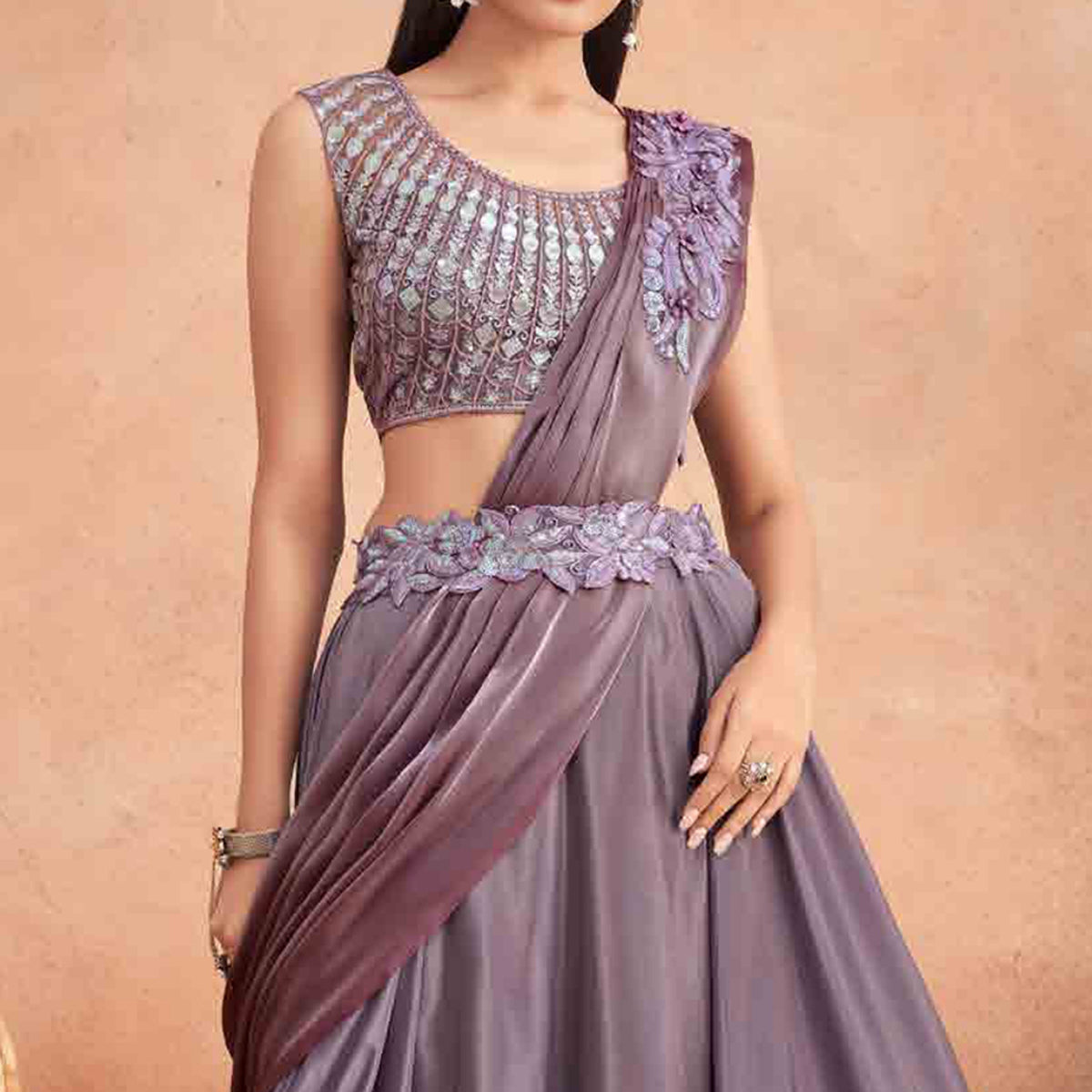 Mauve Sequins Embroidered Ready to Wear Art Silk Saree