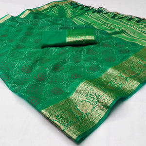 green-bandhani-printed-organza-saree-with-tassels