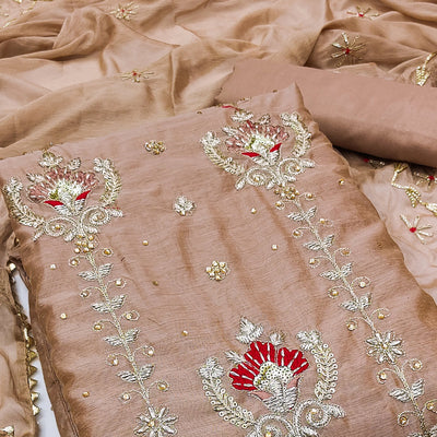 Brown Sequins Embroidered Modal Dress Material