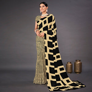 Cream Geometric Printed Crepe Saree