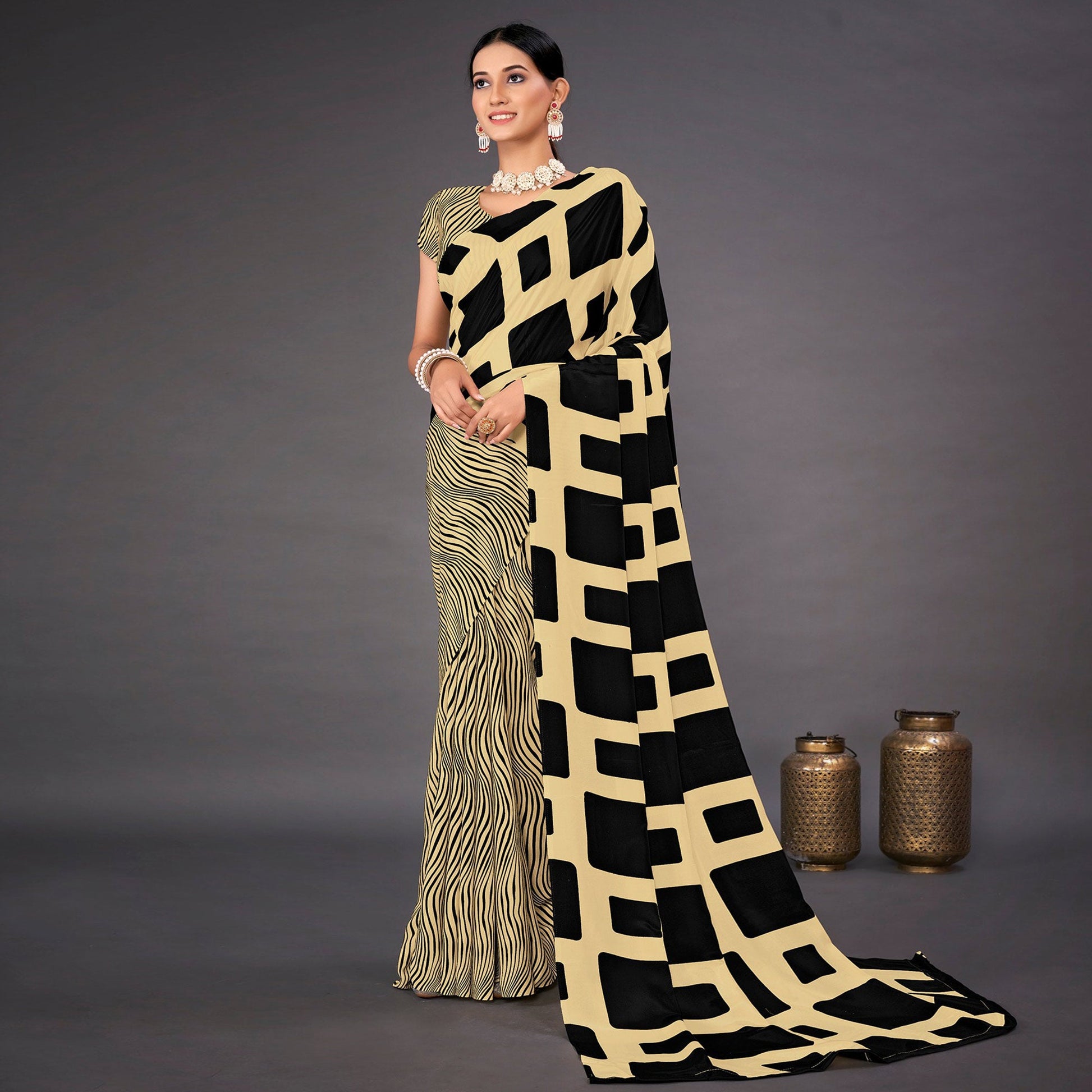 Cream Geometric Printed Crepe Saree