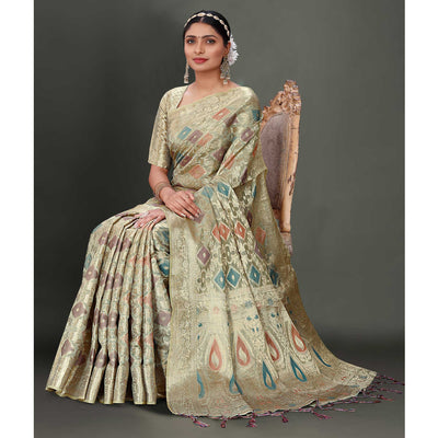 Grey Woven Organza Saree With Tassels