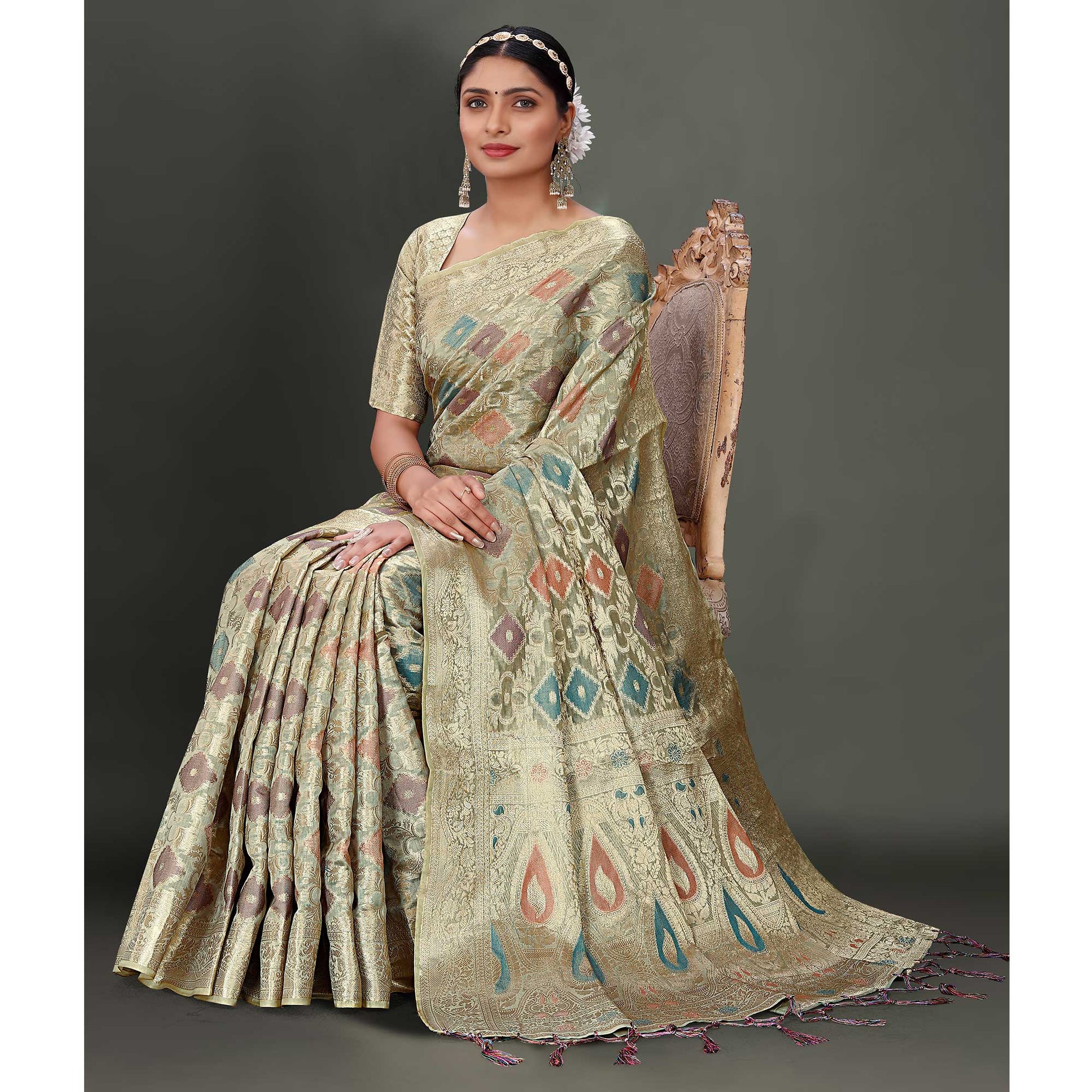 Grey Woven Organza Saree With Tassels