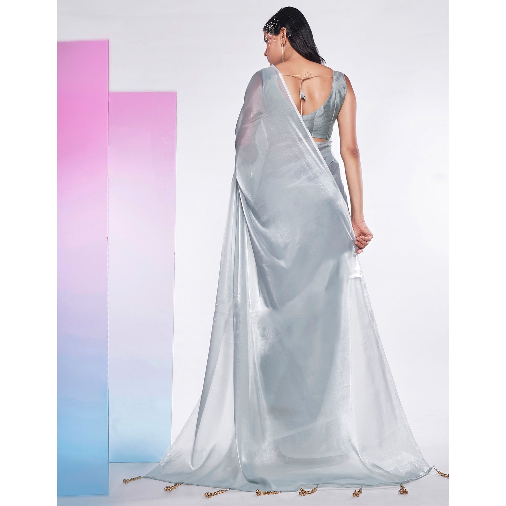 Grey Solid Organza Saree With Tassels