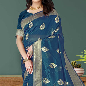 Blue Woven Art Silk Saree With Tassels