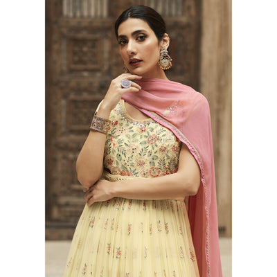 Light Yellow Sequins Floral Embroidered Georgette Semi Stitched Anarkali Suit