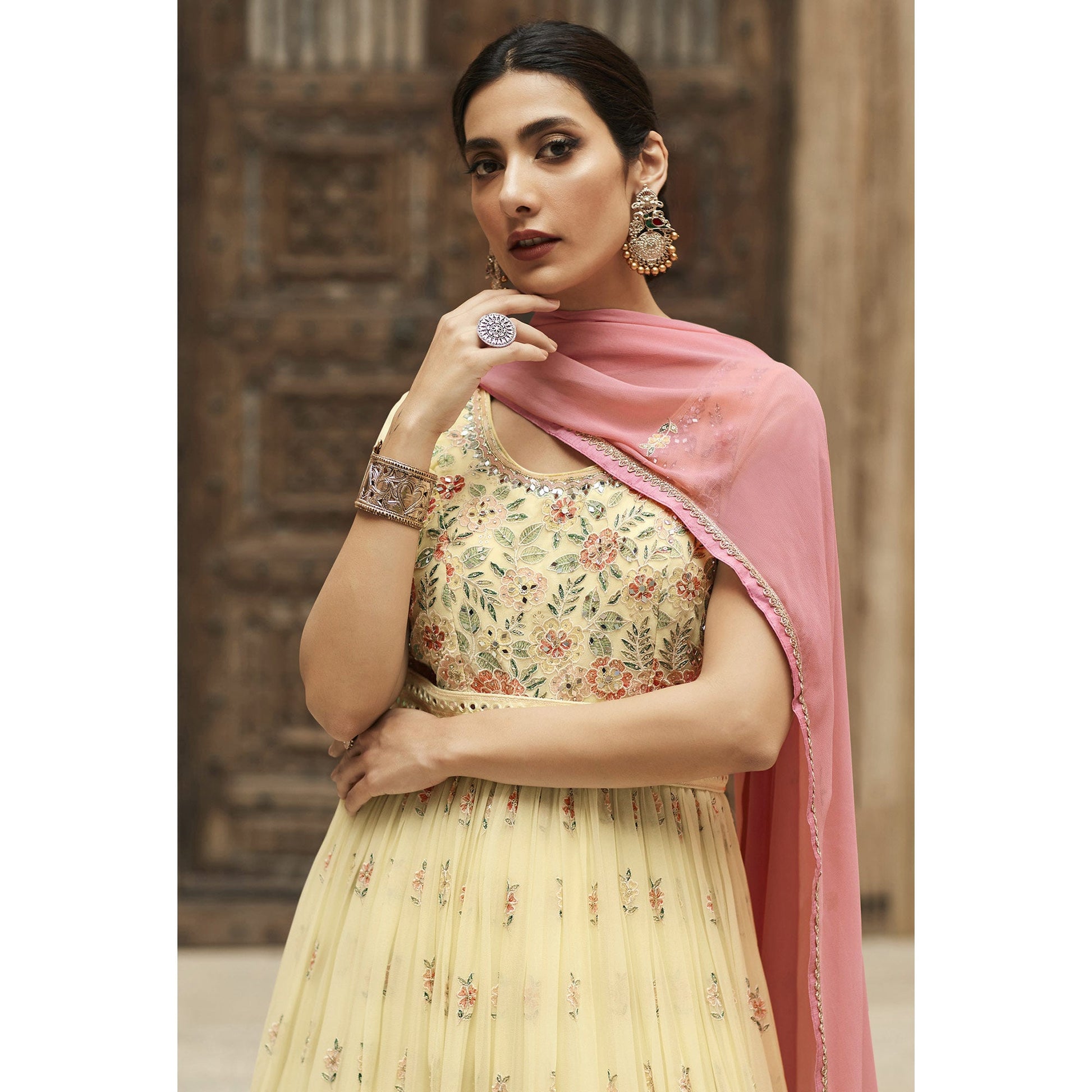 Light Yellow Sequins Floral Embroidered Georgette Semi Stitched Anarkali Suit