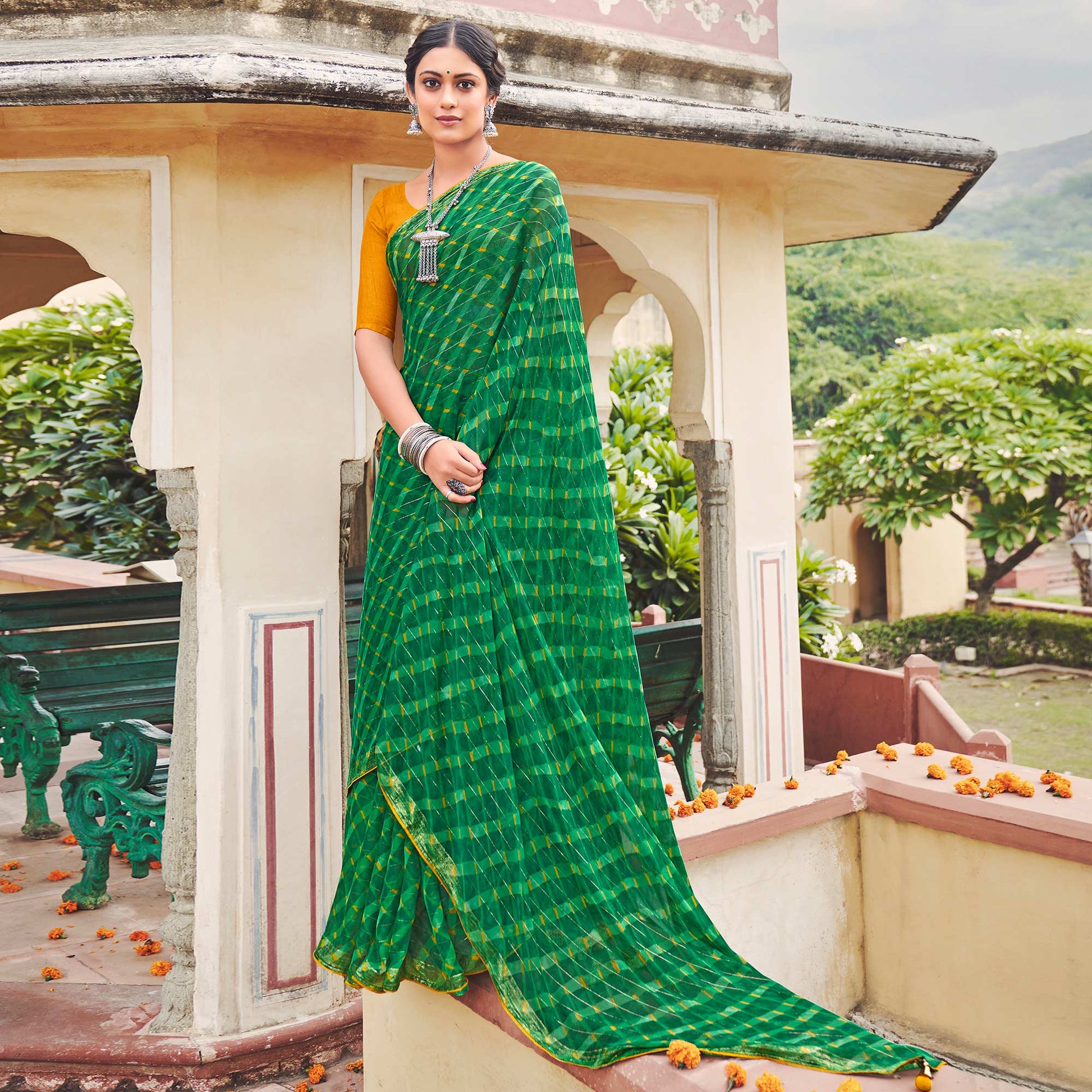 green-printed-chiffon-saree-1