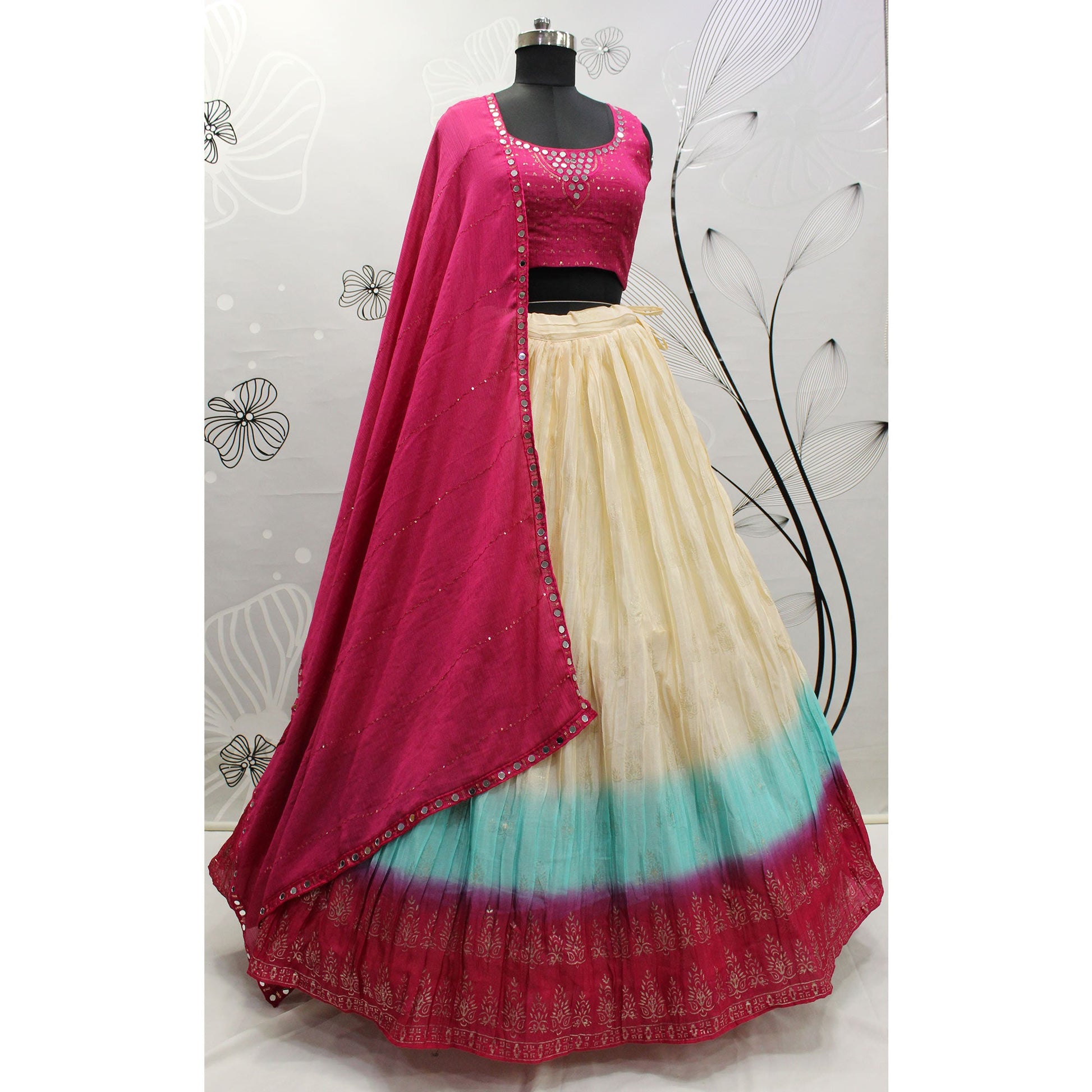 Cream Foil Printed Chiffon Lehenga Choli