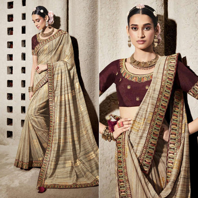 Light Brown Woven With Embroidered Border Organza Saree