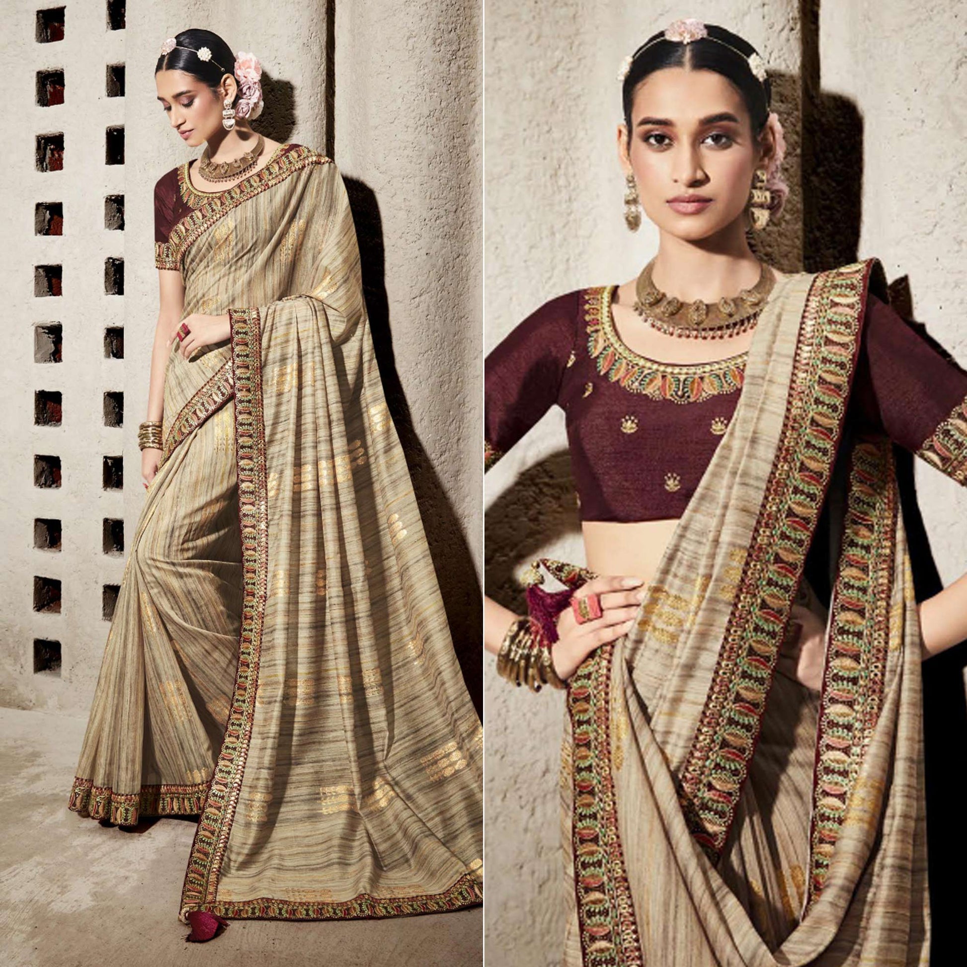 Light Brown Woven With Embroidered Border Organza Saree