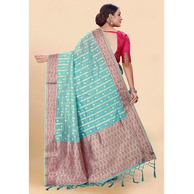 Blue Woven Organza Saree With Tassels