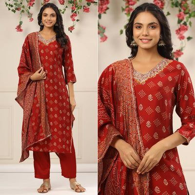 Maroon Jaipuri Printed With Gota Work Chanderi Salwar Suit