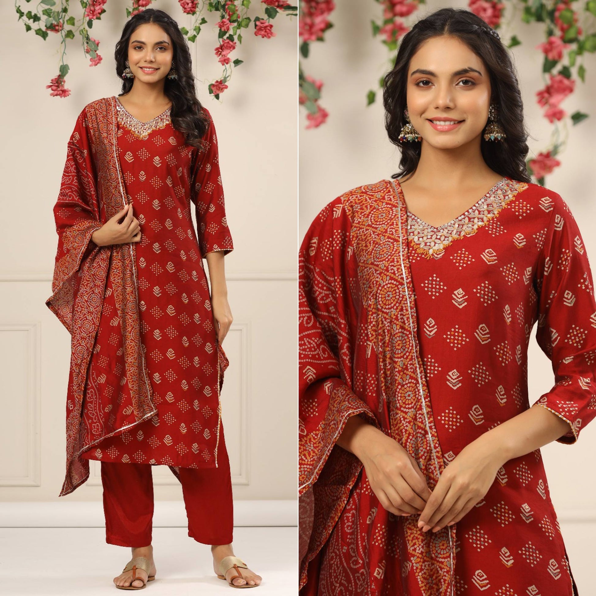 Maroon Jaipuri Printed With Gota Work Chanderi Salwar Suit