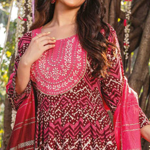 Maroon Pink Printed Rayon Naira Cut Suit