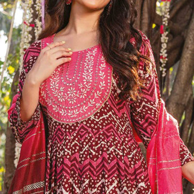 Maroon Pink Printed Rayon Naira Cut Suit