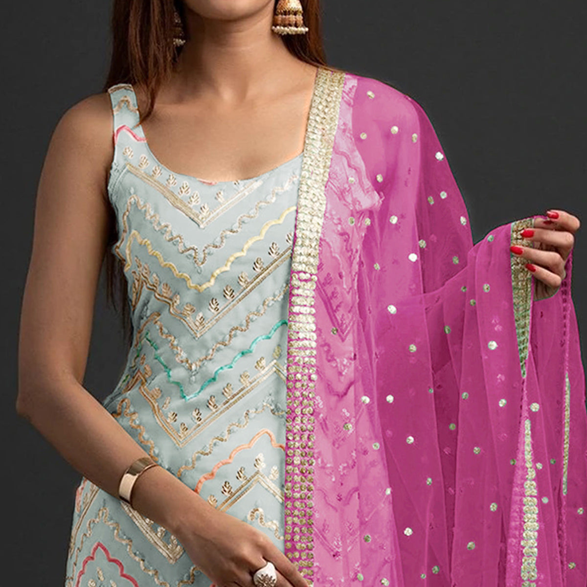 Light Grey Embroidered Georgette Sharara Suit