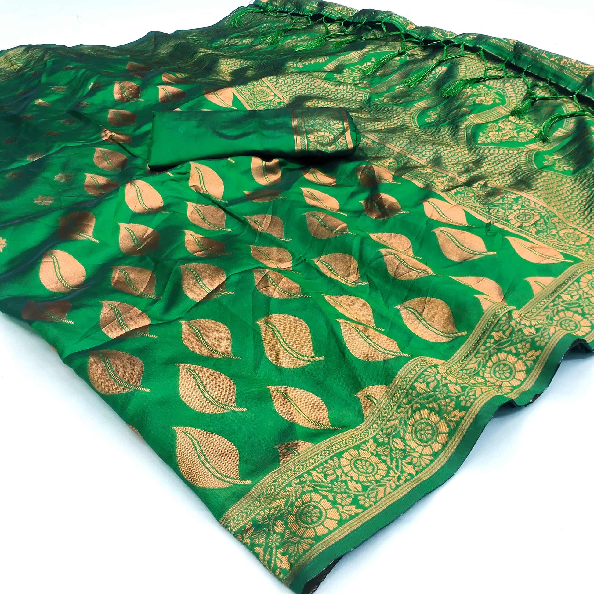 green-woven-art-silk-saree-with-tassels