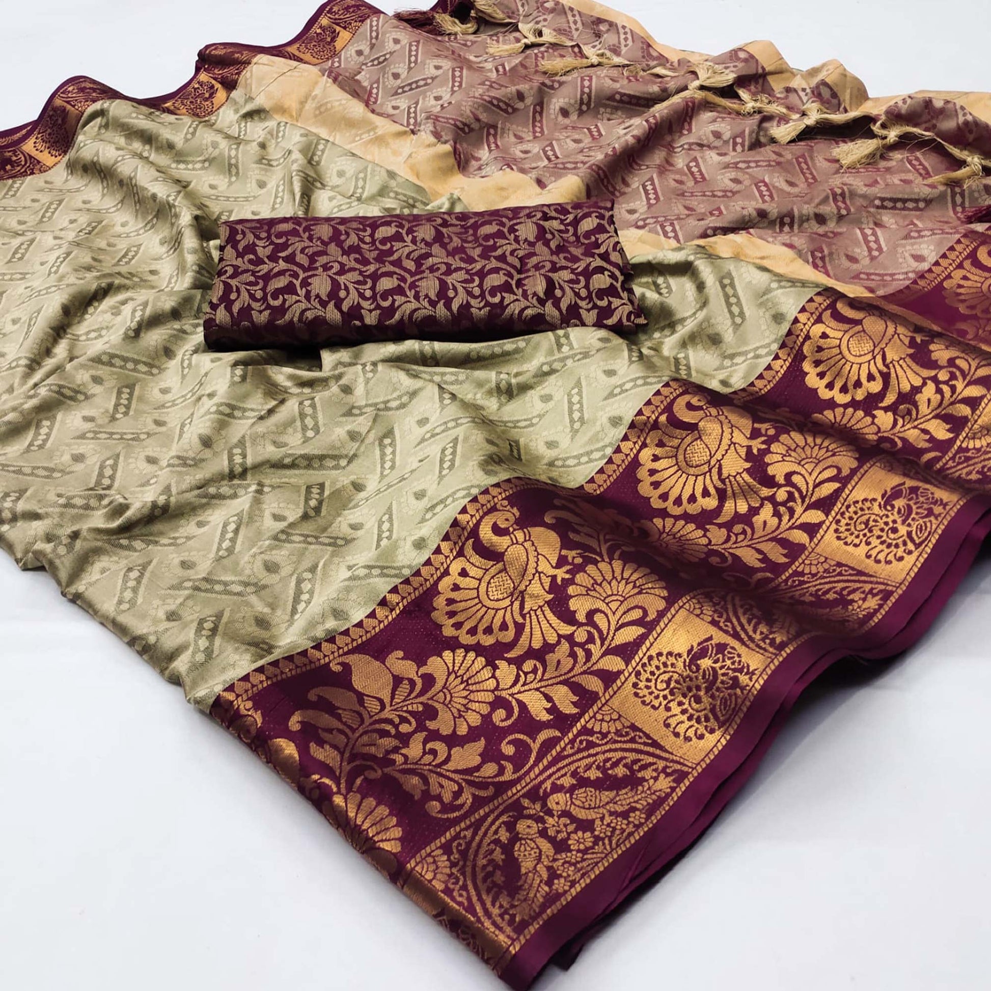 Chikoo Woven Cotton Silk Saree With Tassels