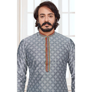 Grey Woven Jacquard Kurta Pyjama Set