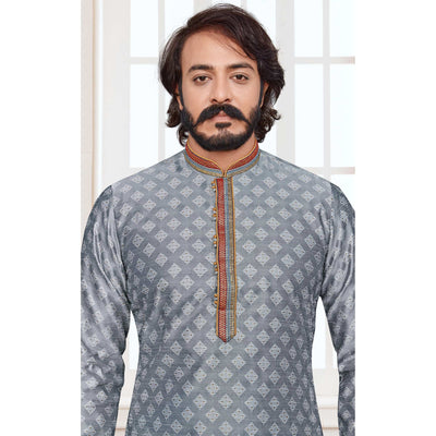Grey Woven Jacquard Kurta Pyjama Set