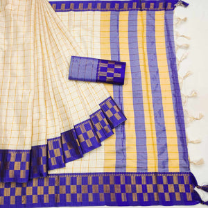 Cream & Blue Woven Cotton Silk Saree