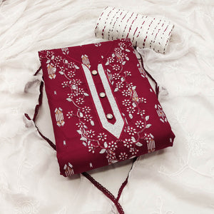 Maroon Printed With Embroidered Rayon Dress Material