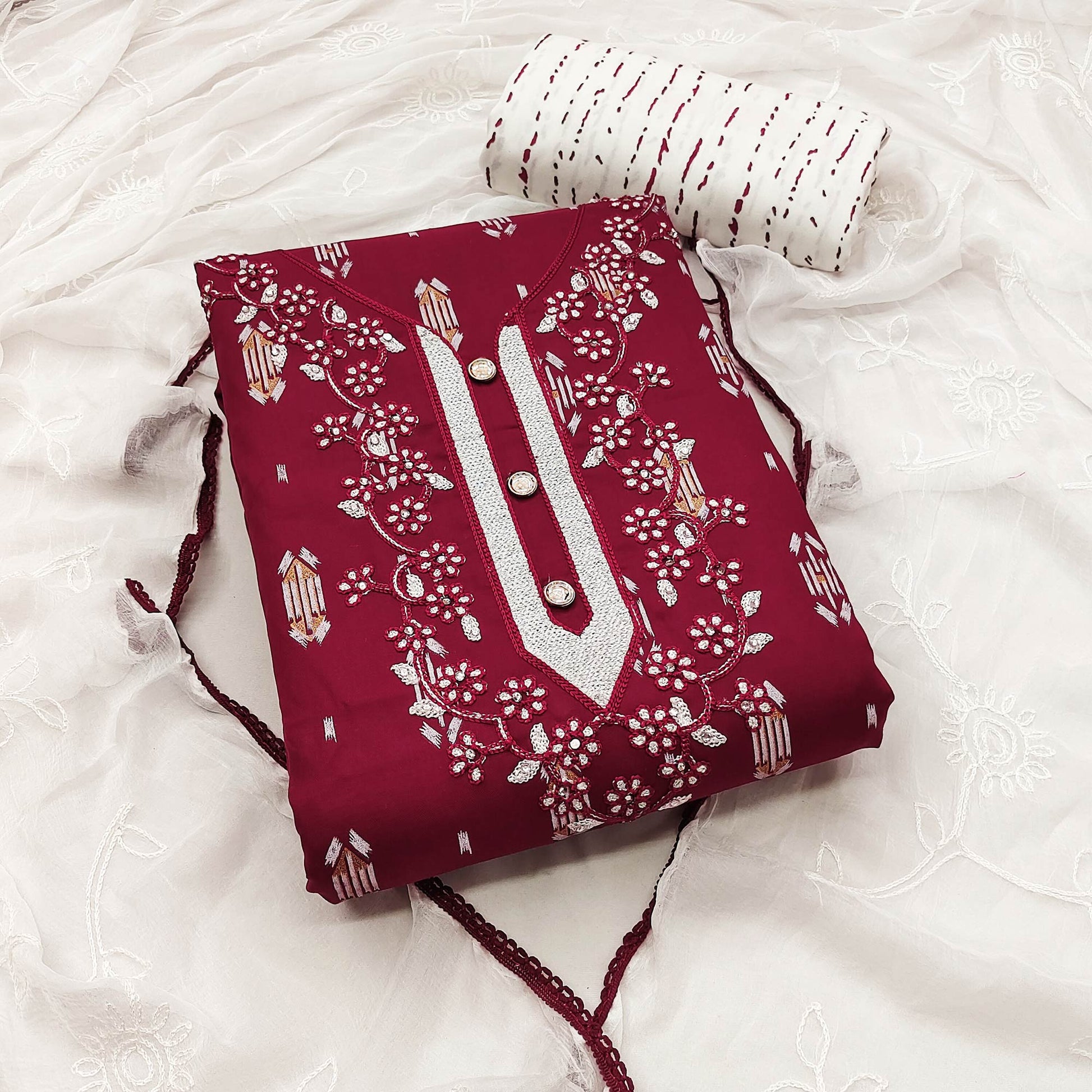 Maroon Printed With Embroidered Rayon Dress Material
