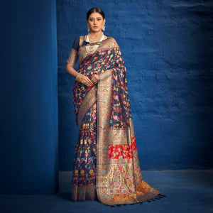 Blue Woven Art Silk Saree With Tassels