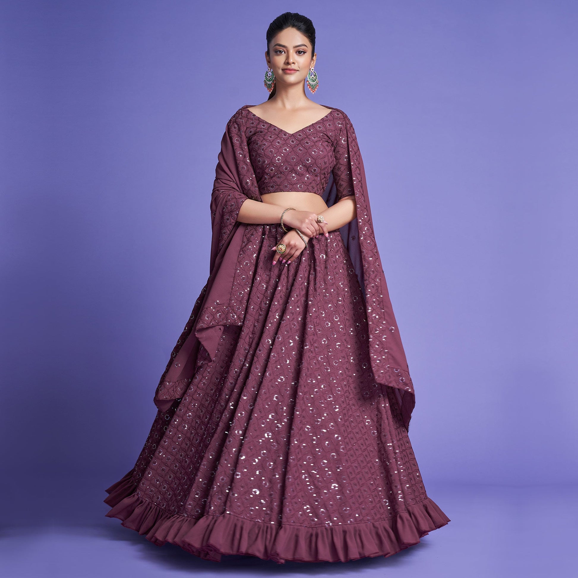 Mauve Sequins Embroidered Georgette Lehenga Choli