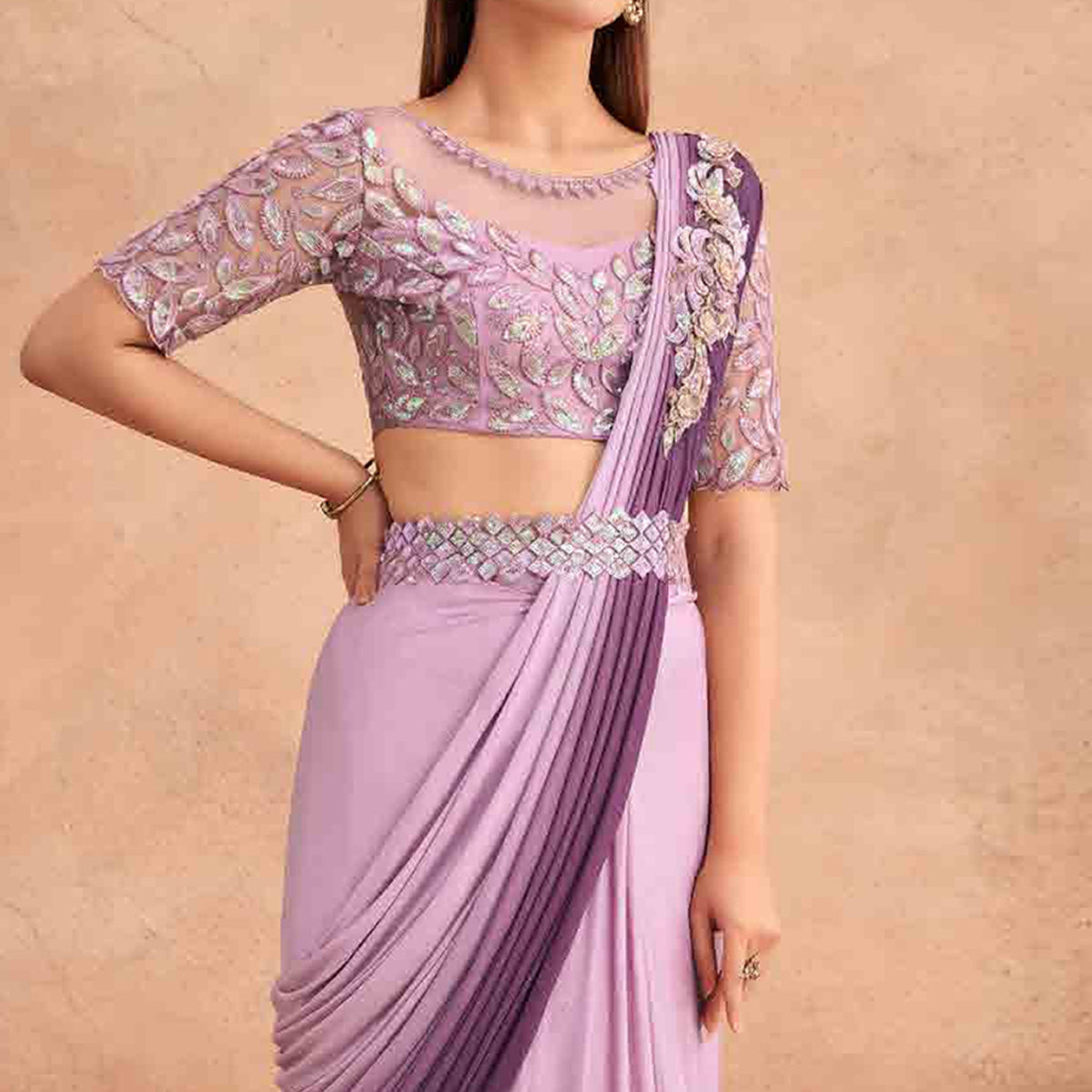 Lavender & Purple Sequins Embroidered Ready to Wear Lycra Saree