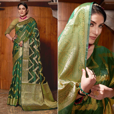 Bottle Green Woven Organza Saree
