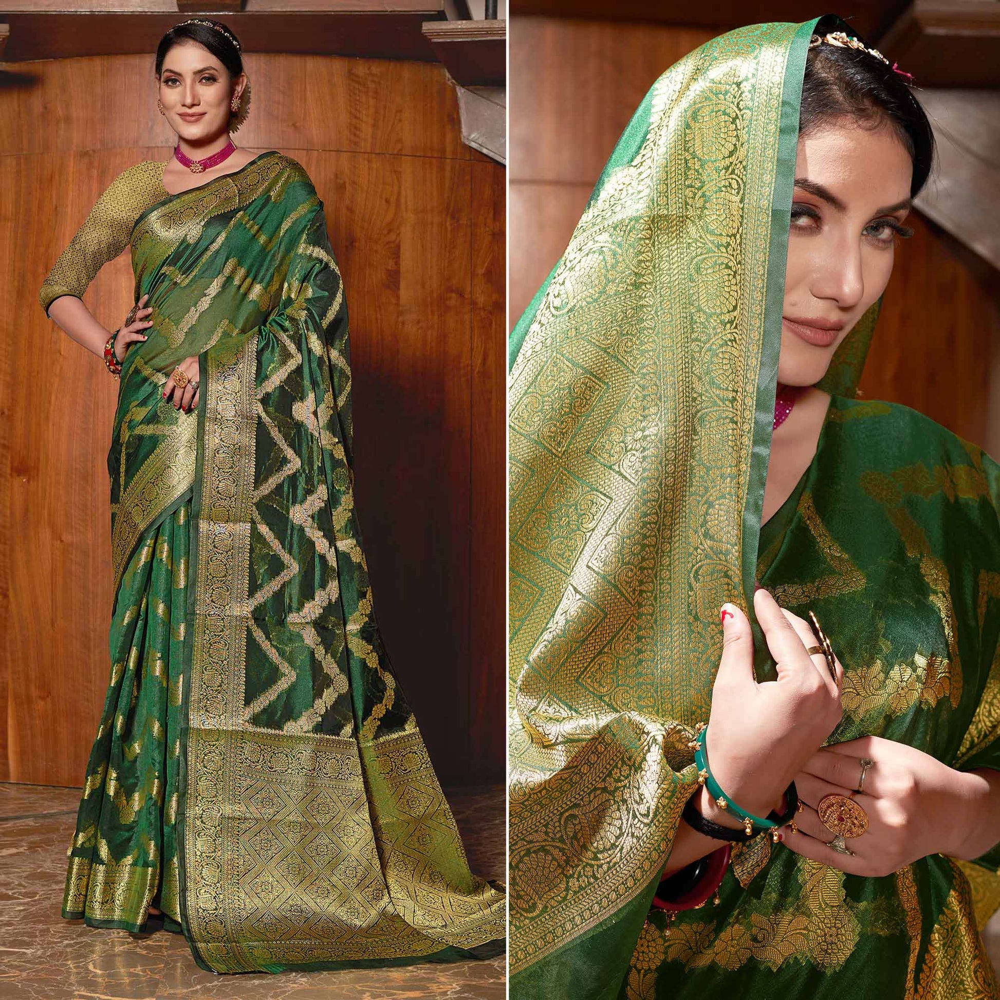 Bottle Green Woven Organza Saree