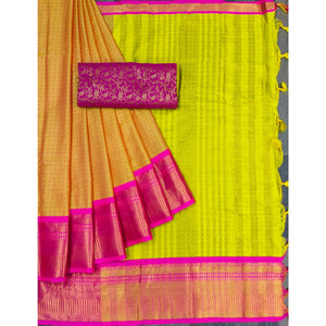 Lemon Green Woven Cotton Silk Saree With Tassels