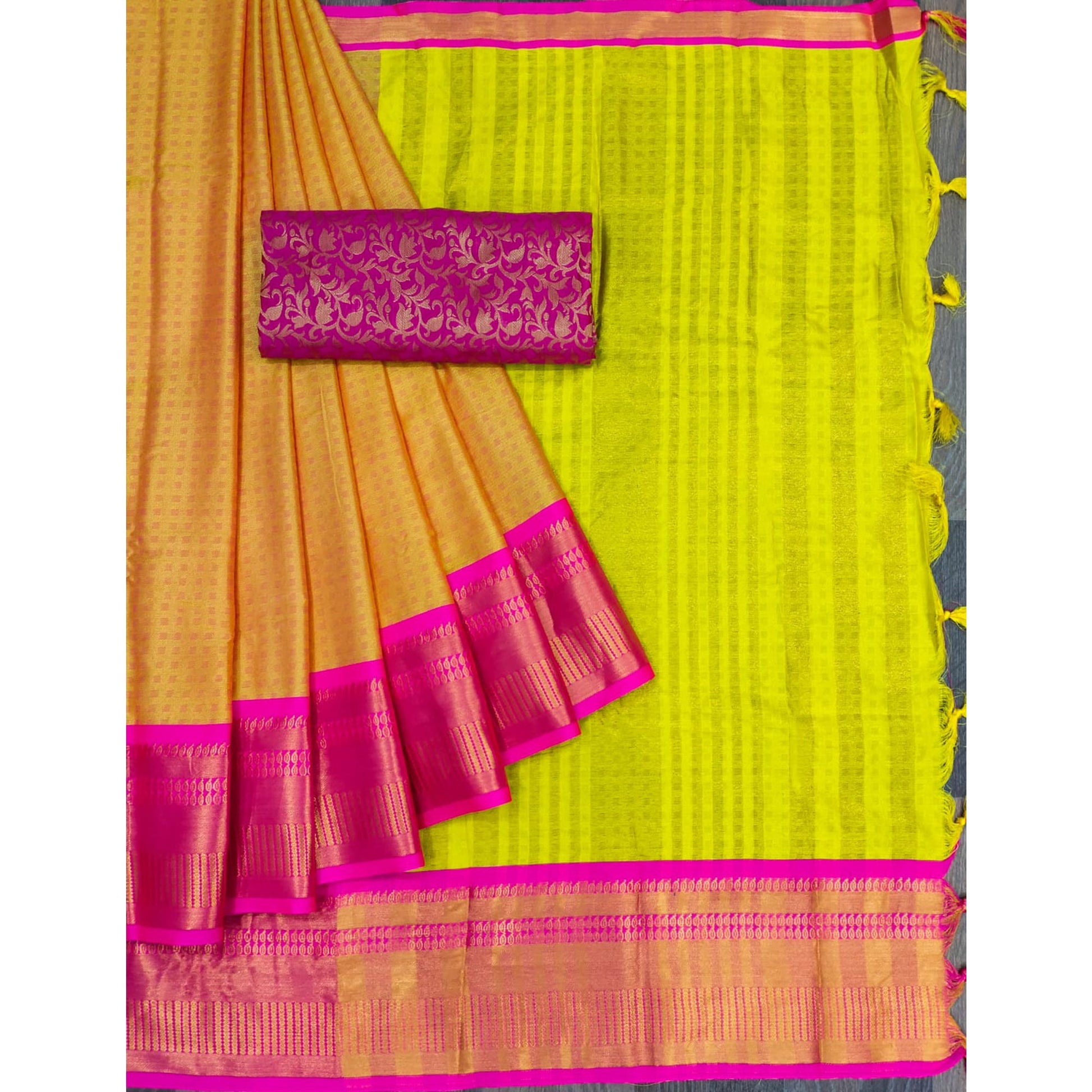 Lemon Green Woven Cotton Silk Saree With Tassels