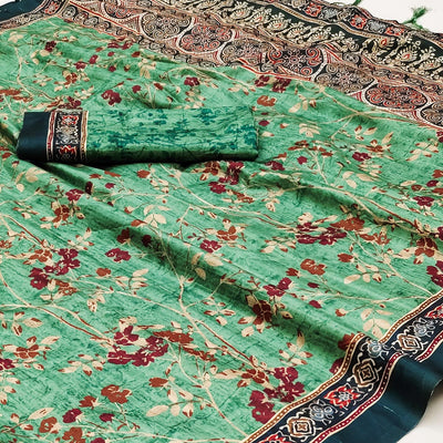 green-floral-digital-printed-tussar-silk-saree-with-tassels