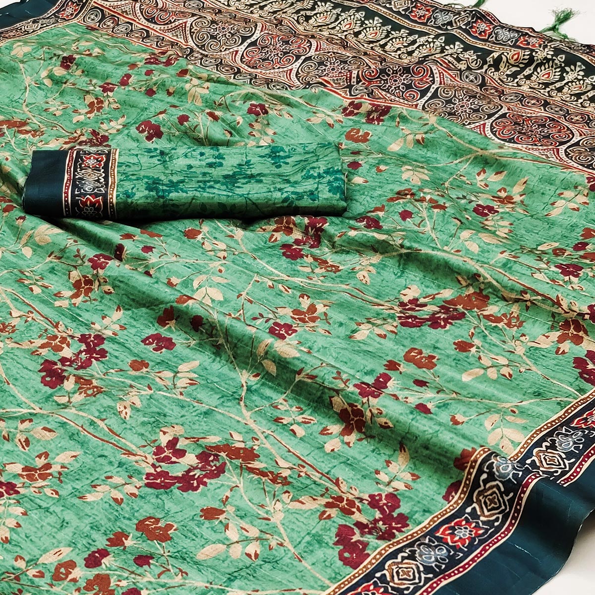 green-floral-digital-printed-tussar-silk-saree-with-tassels