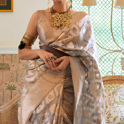 Grey Woven Art Silk Saree With Tassels